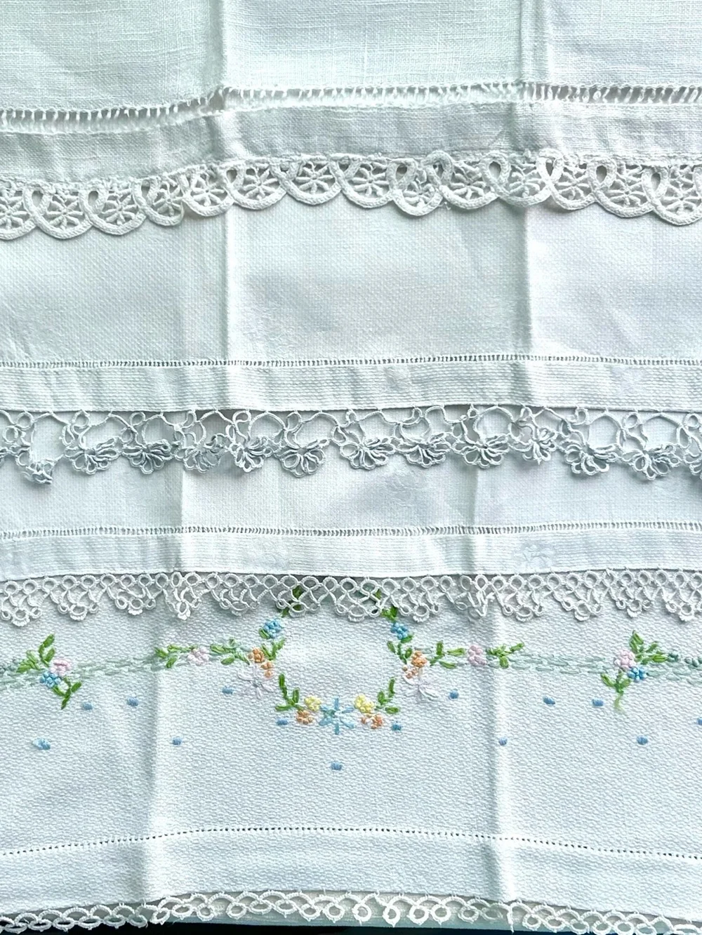 (4) ANTIQUE linen hand towels w/ handmade lace, embroidery, tatting gorgeous !!